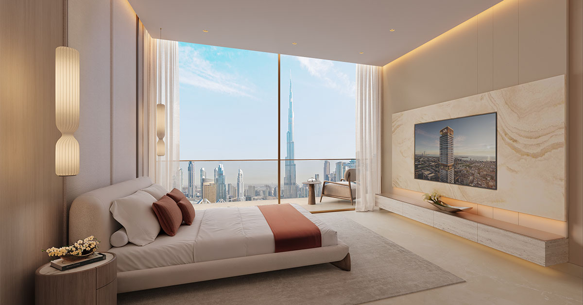 1 bedroom apartment interior at SOL LUXE with floor-to-ceiling Burj Khalifa views