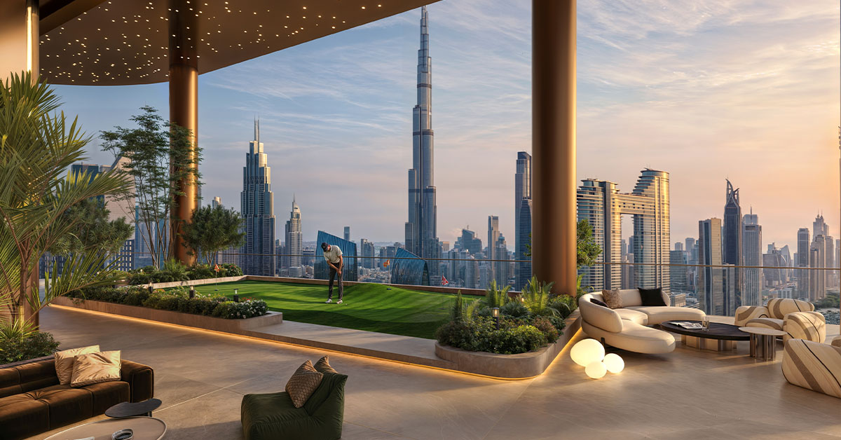 Outdoor mini golf terrace amenity at SOL LUXE overlooking Downtown Dubai