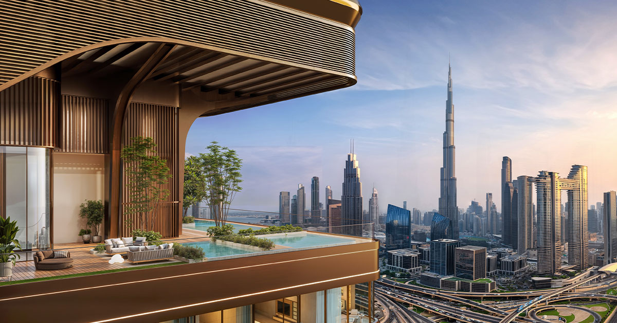 Private balcony plunge pool at SOL LUXE with Dubai skyline backdrop
