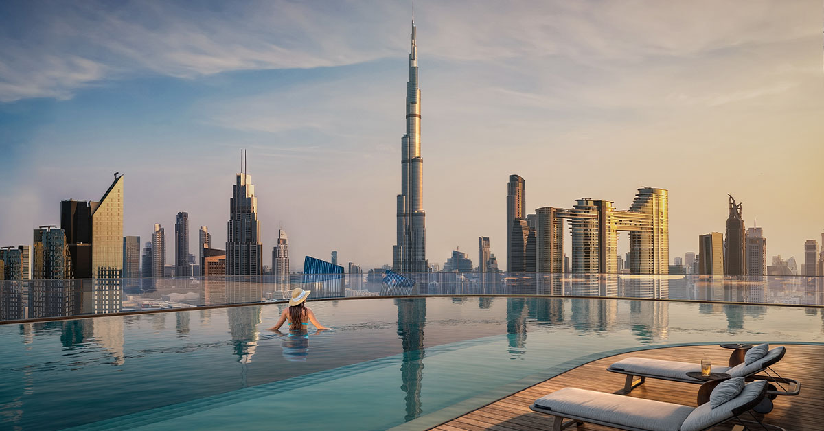 Rooftop infinity pool at SOL LUXE with panoramic Dubai skyline view
